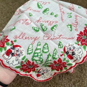 VTG 50s Christmas Hankie – Santa, Poinsettias, Trees – 13” Square
